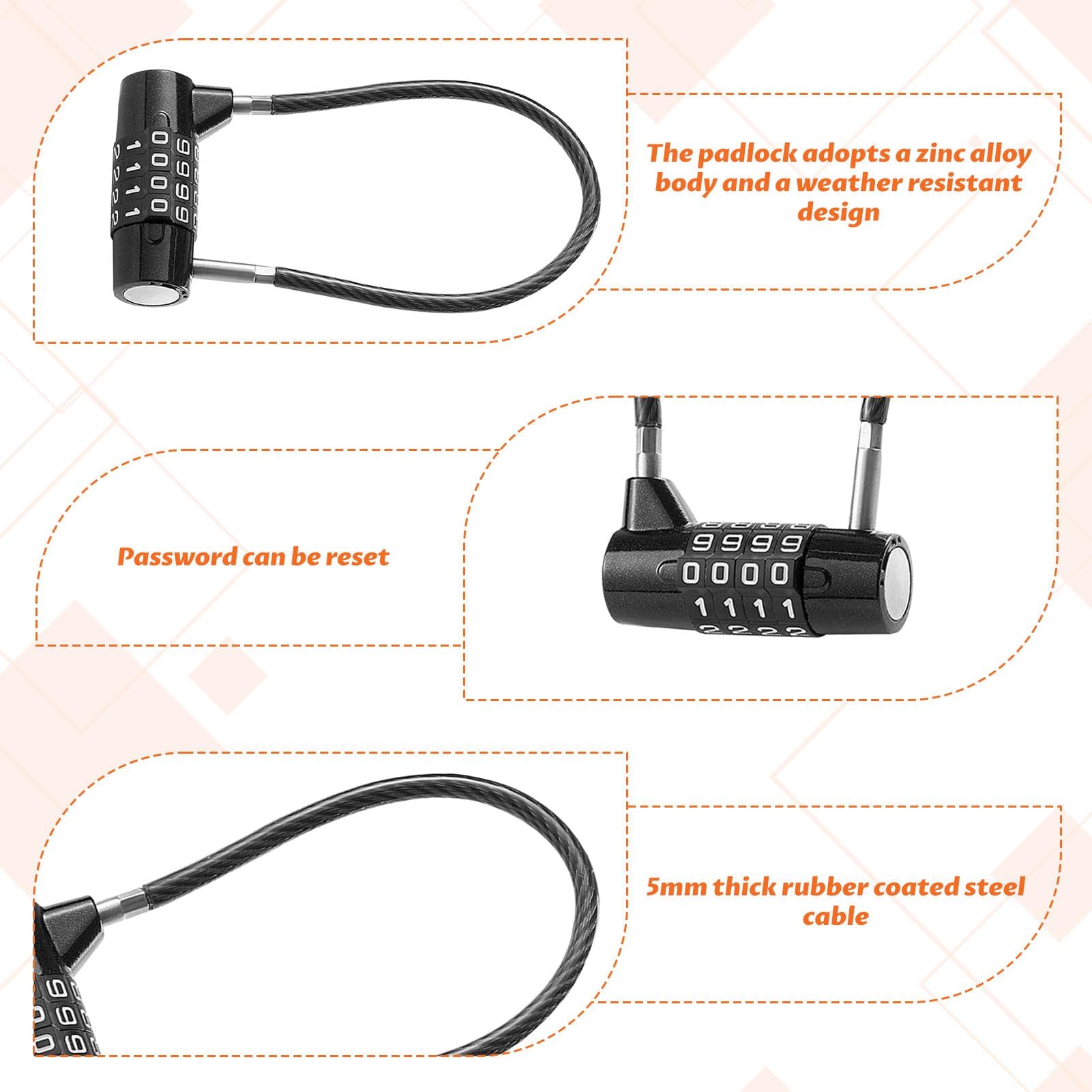 4 Digit Combination Padlock,Resettable Long Shackle Padlock,Steel Cable Padlocks with Code,Waterproof Outdoor Safety Long Shackle Padlock for Sheds,Gyms,Suitcase,Lockers,Toolbox - Image 4