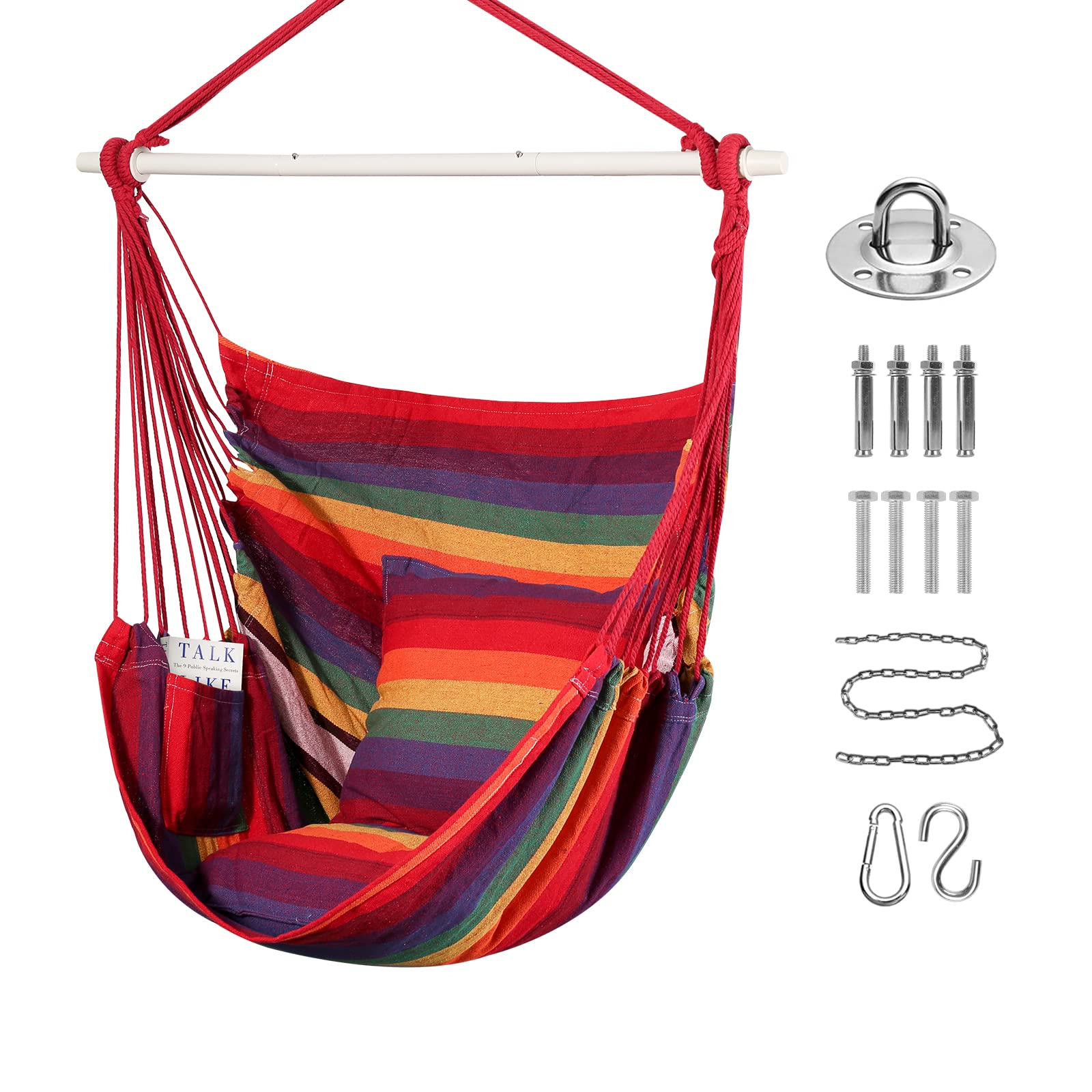 Goutime Poltrona Altalena Sospesa, Sedia a Dondolo in Cotone Morbido con 2 Cuscini e Borsa di Conservazione, Max Portata 150kg, Ideale per Camera da Letto, Patio, Giardino e Balcone (Arcobaleno)