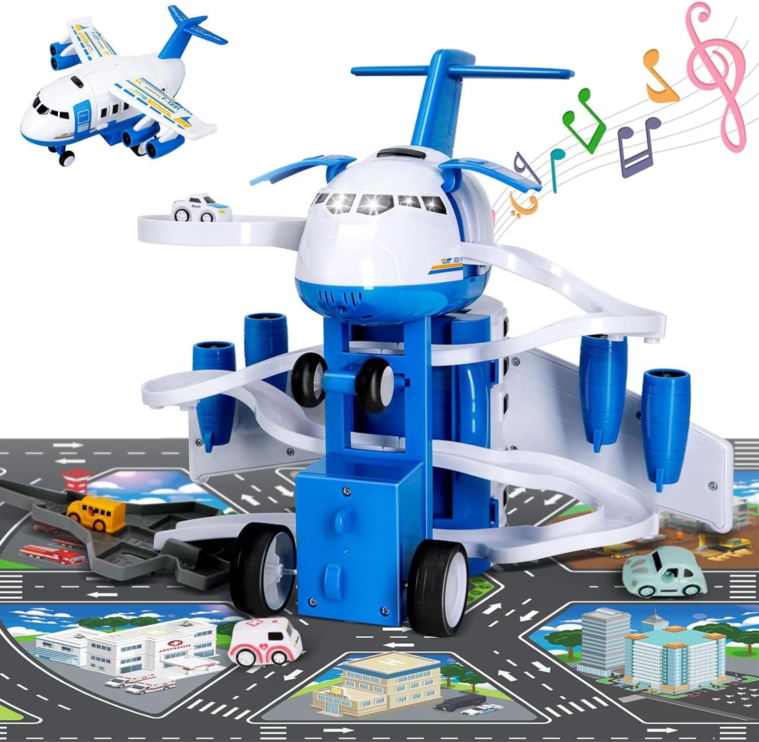 AquaFalcon Kids Airplane Toys Race Track Car Toys for 3 4 5 6 7 Boys - Transport Plane Adventure Car Toys for Toddler Age 2-6 with 8 City Cars, Garage Parking Lot Playmat, Birthday Gift for Girls