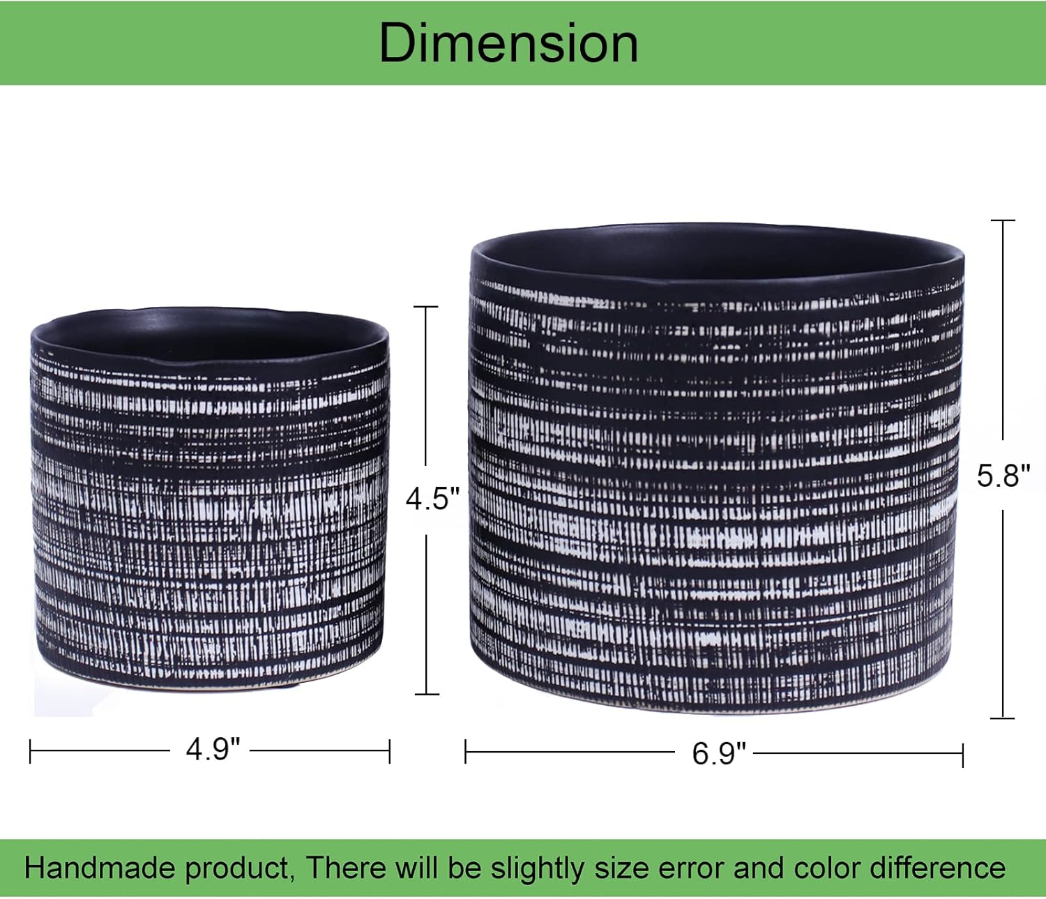 Plant Pots Indoor 2 Pack, 5 & 7 Inch Ceramic Planter Pots with Drainage Hole, Set of 2 Flower Pots - Herbs/Snake/Succulent/Orchid Cylinder Plant Pot(Black)