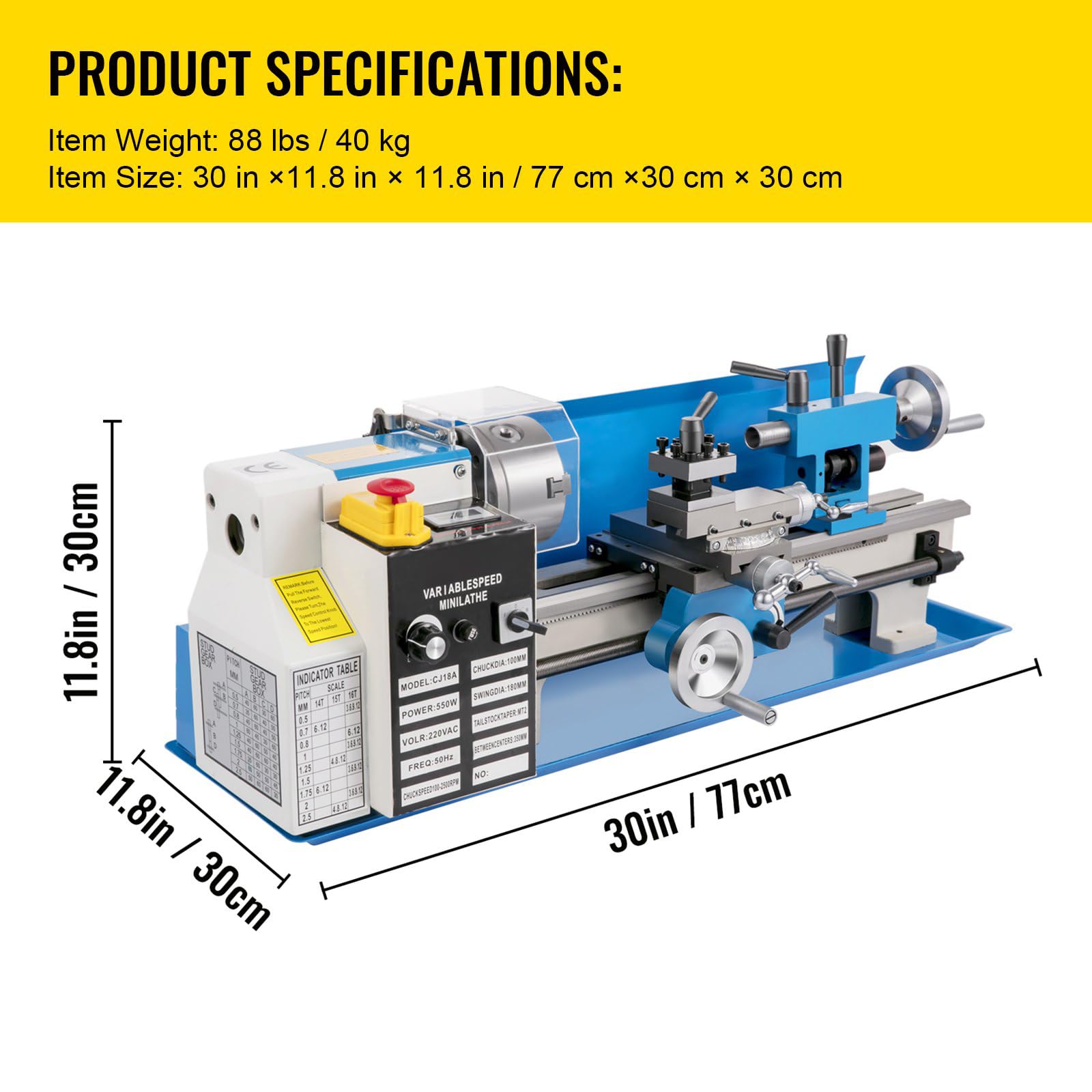 550W Mini Torno Paralelo de Metal 180x350mm de Alta Precisión con Portabrocas de 3 Mordazas y Velocidad de Husillo 50-2500 rpm para Roscado, Torneado y Taladrado (Engrane Metálico)
