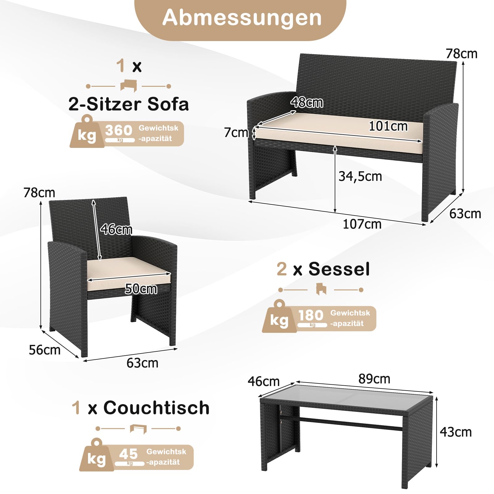 SOARS Gartenmöbel Set aus Polyrattan, Balkonmöbel mit 2 Sesseln, Zweisitzer, Glas-Couchtisch & 4 Sitzkissen, Lounge Möbel Outdoor für 4 Personen für Tarrasse, Balkon & Garten (Schwarz+Beige)