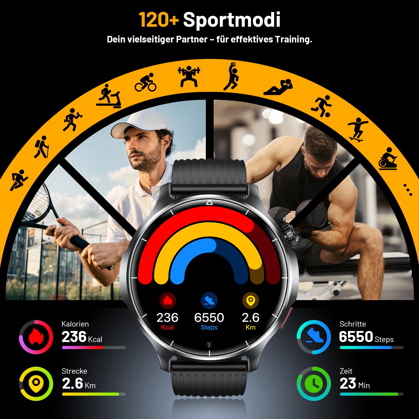 SLOKSFil Smartwatch Herren 1000 mAh Akku/1,52" HD Touchscreen, mit Bluetooth Anrufe/110+ Sportmodi/24H Herzfrequenz/IP68 Wasserdicht/Schlafmonitor, Schrittzähler Fitnessuhr Android iOS (Schwarz)