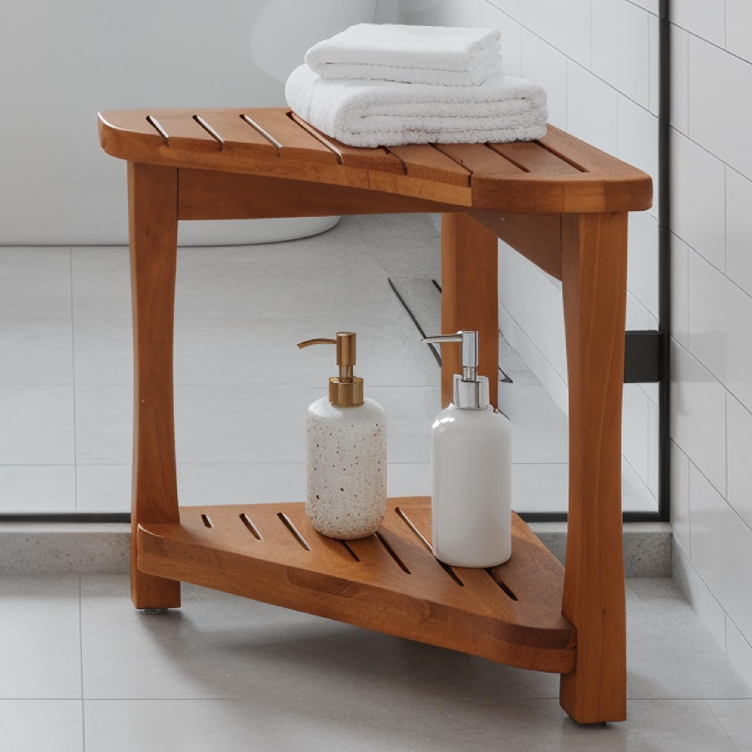 Banco de ducha de teca para ducha interior, taburete de ducha de madera maciza de teca 100% grado A, asiento de baño de madera impermeable con estante de almacenamiento, silla de spa antideslizante