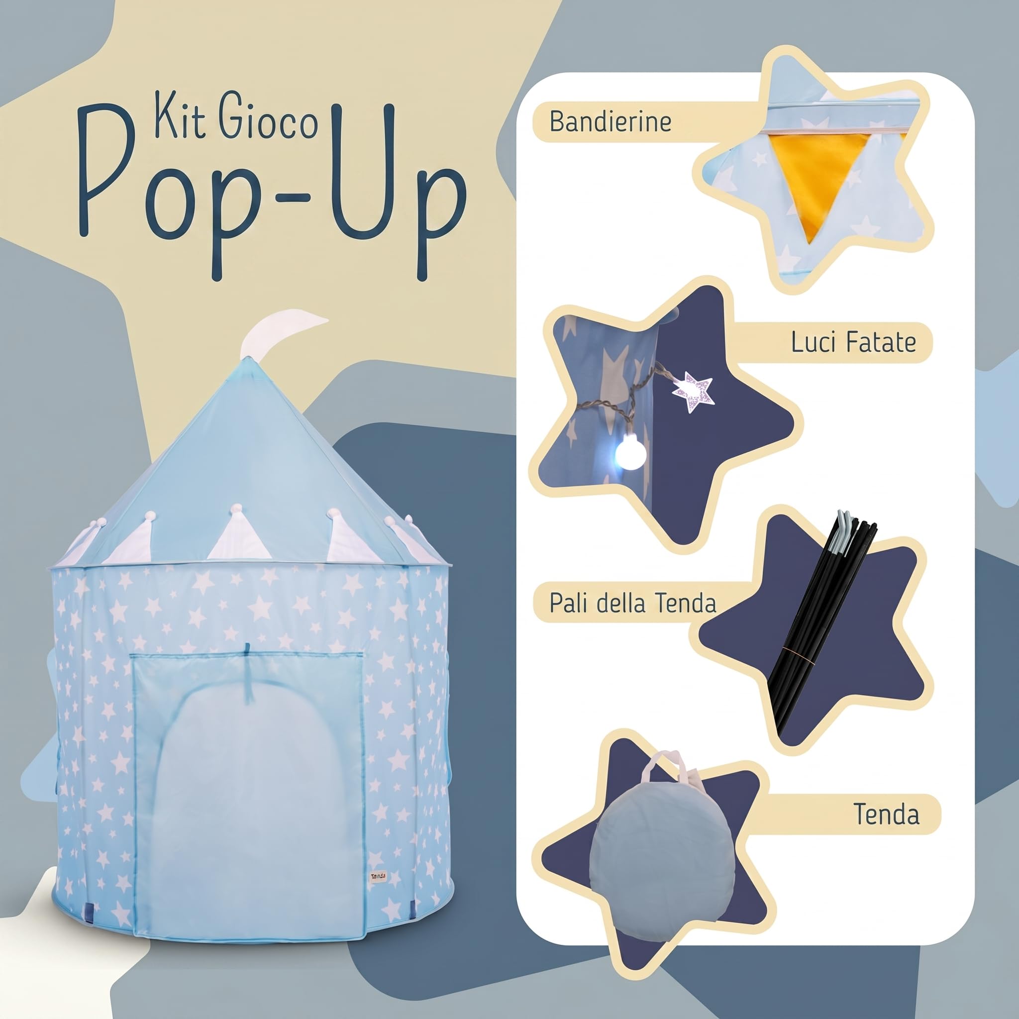 Tenda da Gioco Blu per Bambini, Tenda Pop-up Stellata per Interni/Esterni per Bambini e Neonati, Area di Gioco/Piscina di Palline e Giocattoli da Giardino, Design Stella Blu Unisex