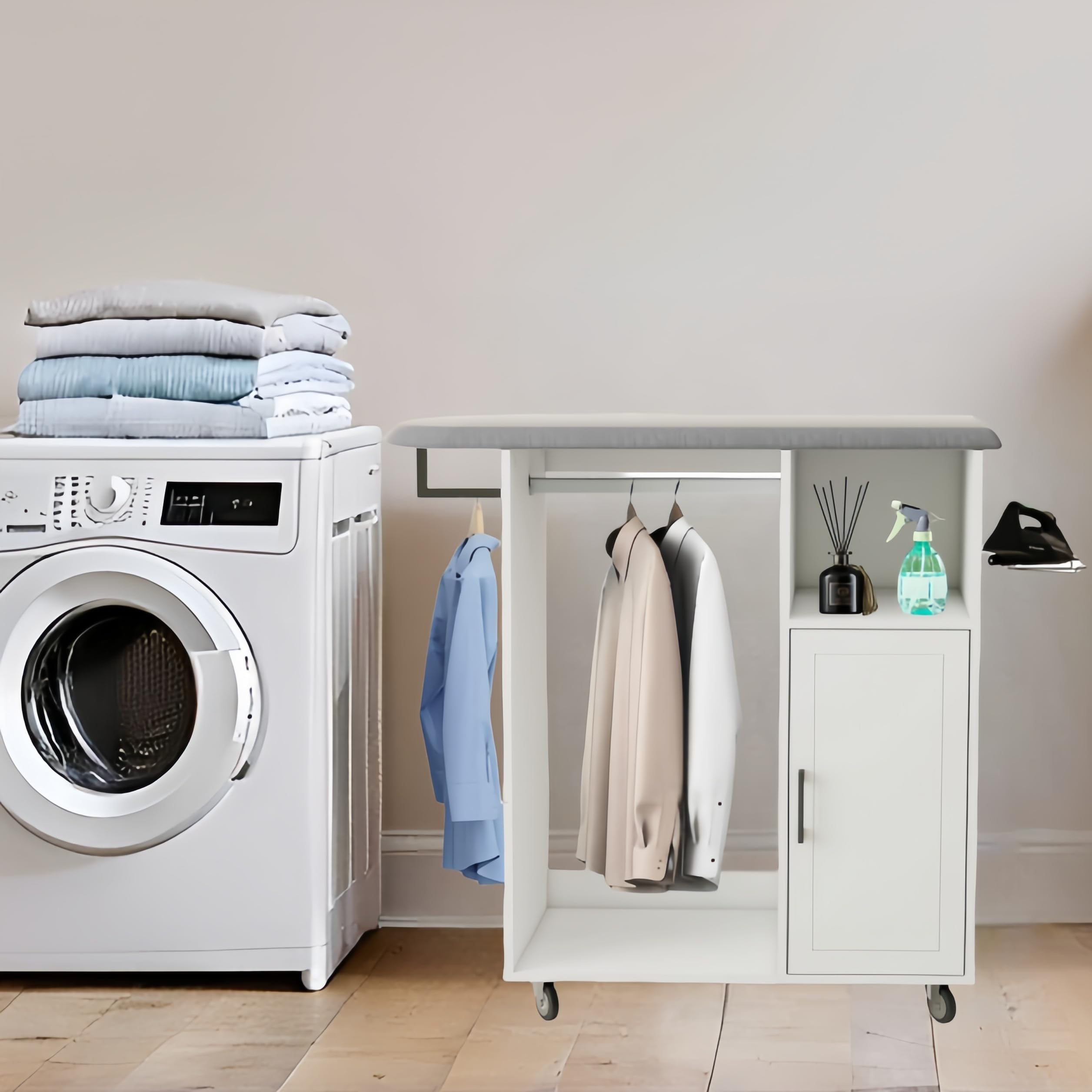 Rolling Ironing Board with Storage Cabinet,Ironing Cabinet with Wheel, Ironing Station with Iron Rack,Tabletop Ironing Board with Storage Shelves, Compact Ironing Table for Laundry Room