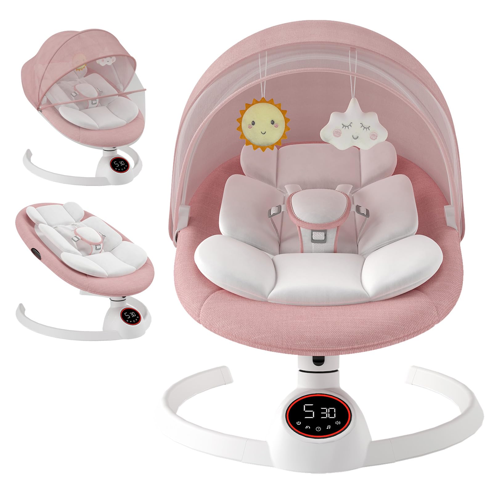 Babywippe Elektrisch Neugeborene bis 9 kg, Klappbar Bluetooth Babyschaukel Elektrisch mit 5 Schwinggeschwindigkeiten, 3-stufigem Timer und Fernbedienung, Tragbar Leicht Wippe Baby Elektronisch (Rosa)