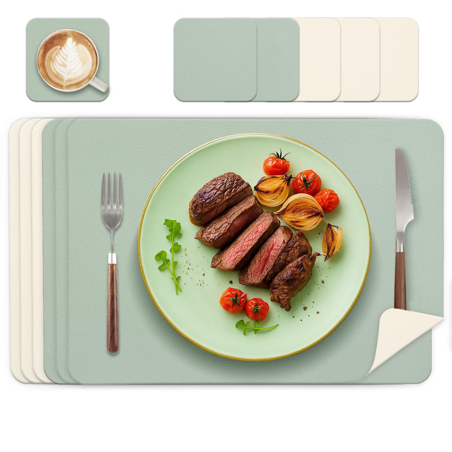 HELI MIAO Tischsets Abwaschbar 6er Set - Doppelseitige Platzsets & Untersetzer aus Lederoptik, rutschfeste & wasserdichte Tischunterlage für Esstisch und Familie - Rechteckig in Salbeigrün+Cremebeige