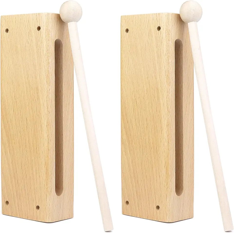 QWORK Conjunto de instrumentos de percussão de madeira – pacote com 2 blocos de som de madeira com marretas, para shows, gravações e bandas comunitárias