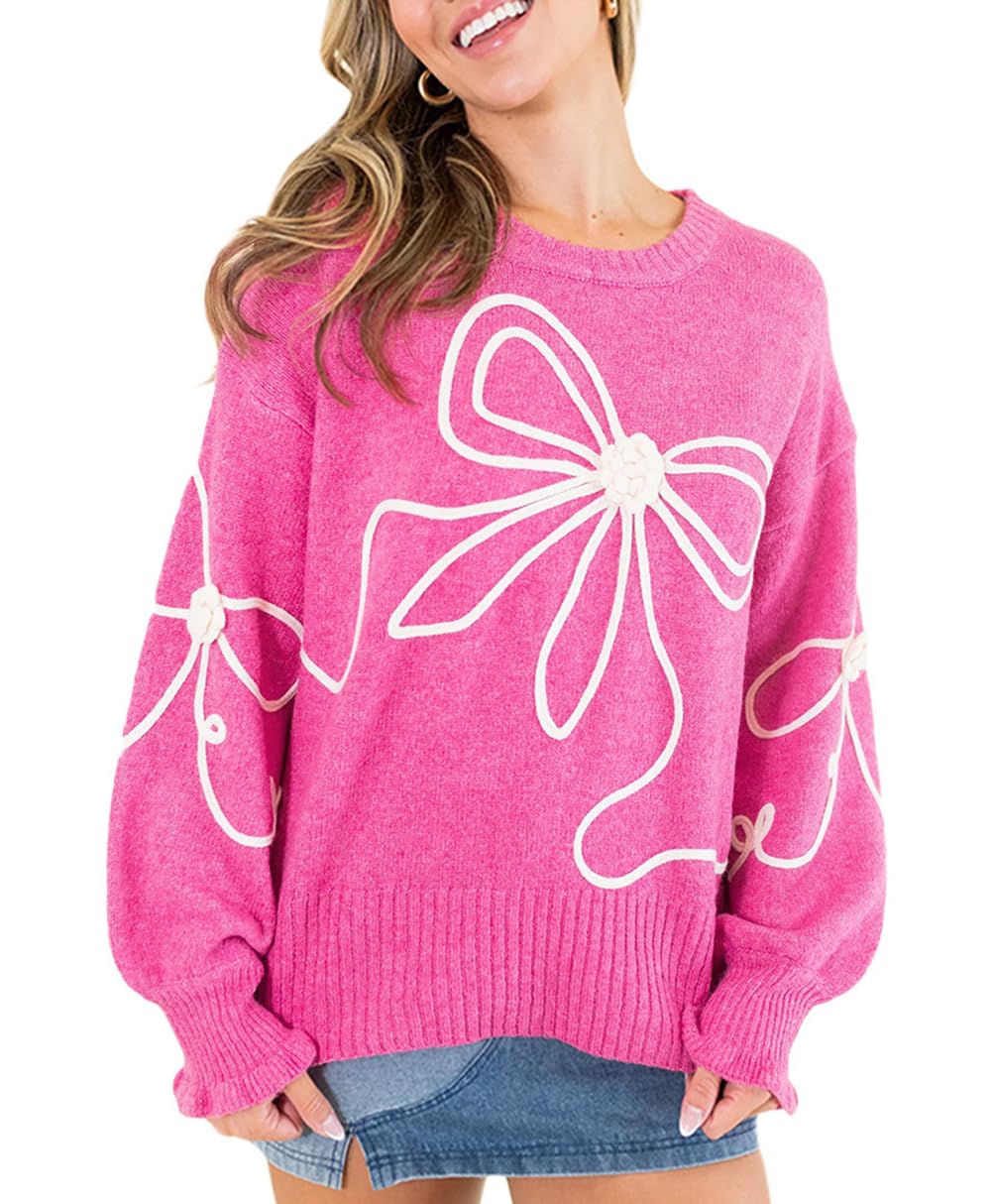 Melliflo Womens Bow Sweater Corded Flower Bow Sweaters Long Sleeve Crewneck Knit Sweater Ribbed Trim Casual Sweaters Winter