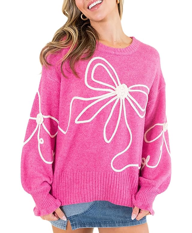 Melliflo Womens Bow Sweater Corded Flower Bow Sweaters Long Sleeve Crewneck Knit Sweater Ribbed Trim Casual Sweaters Winter