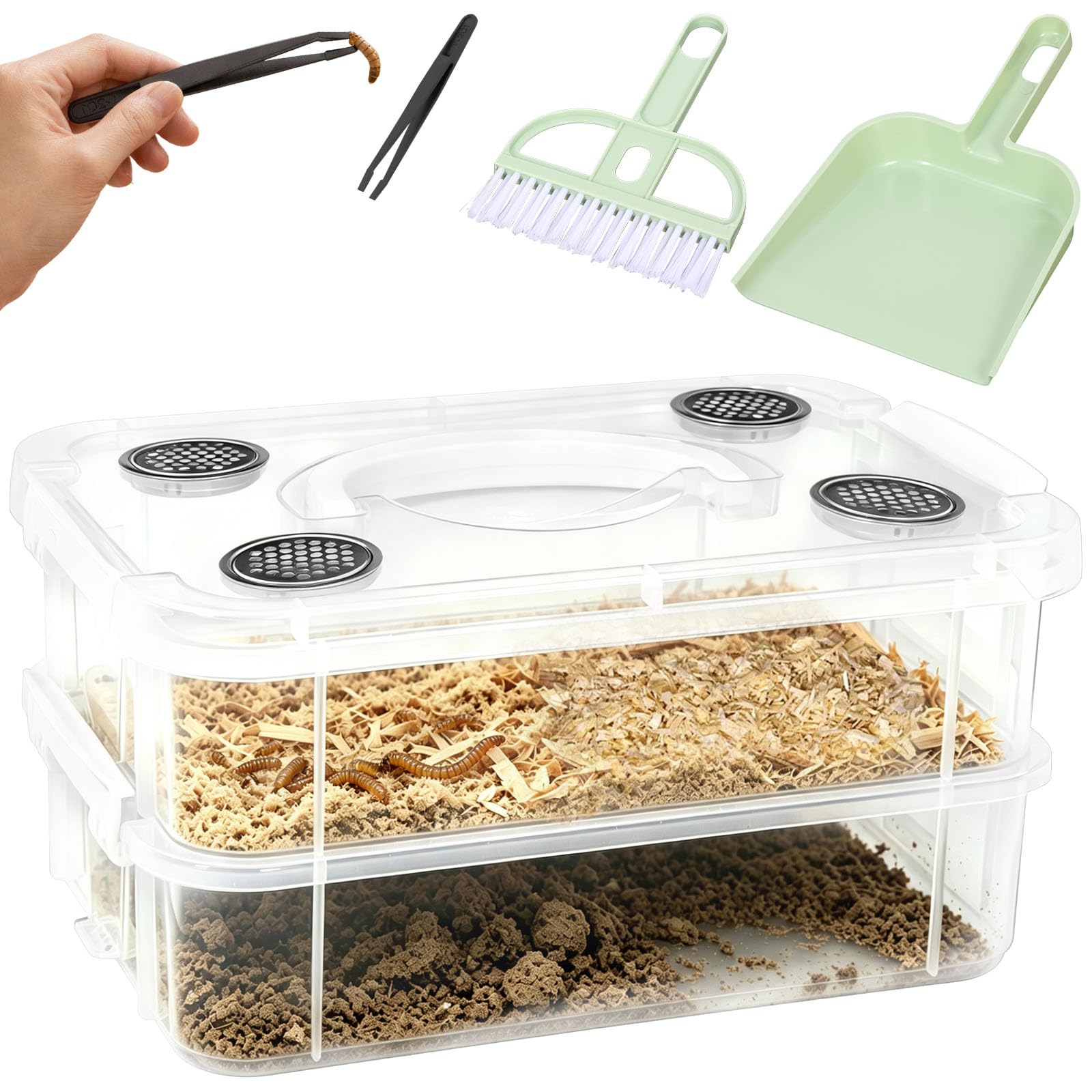 Kuanght Mealworm Breeding Set, Double-Layer Mealworm Breeding Container with Tweezers, Scoop and Cleaning Brush, Fine Mesh Live Reptile Food Storage for Crickets, Lizards, Dubia and Cockroaches