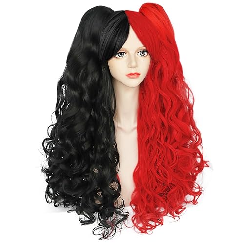 Miniatura 3 de ANOGOL Gorro de pelo + peluca roja y negra con 2 colas de caballo rizadas, peluca larga y rizada roja para mujer, pelucas de cosplay negras para
