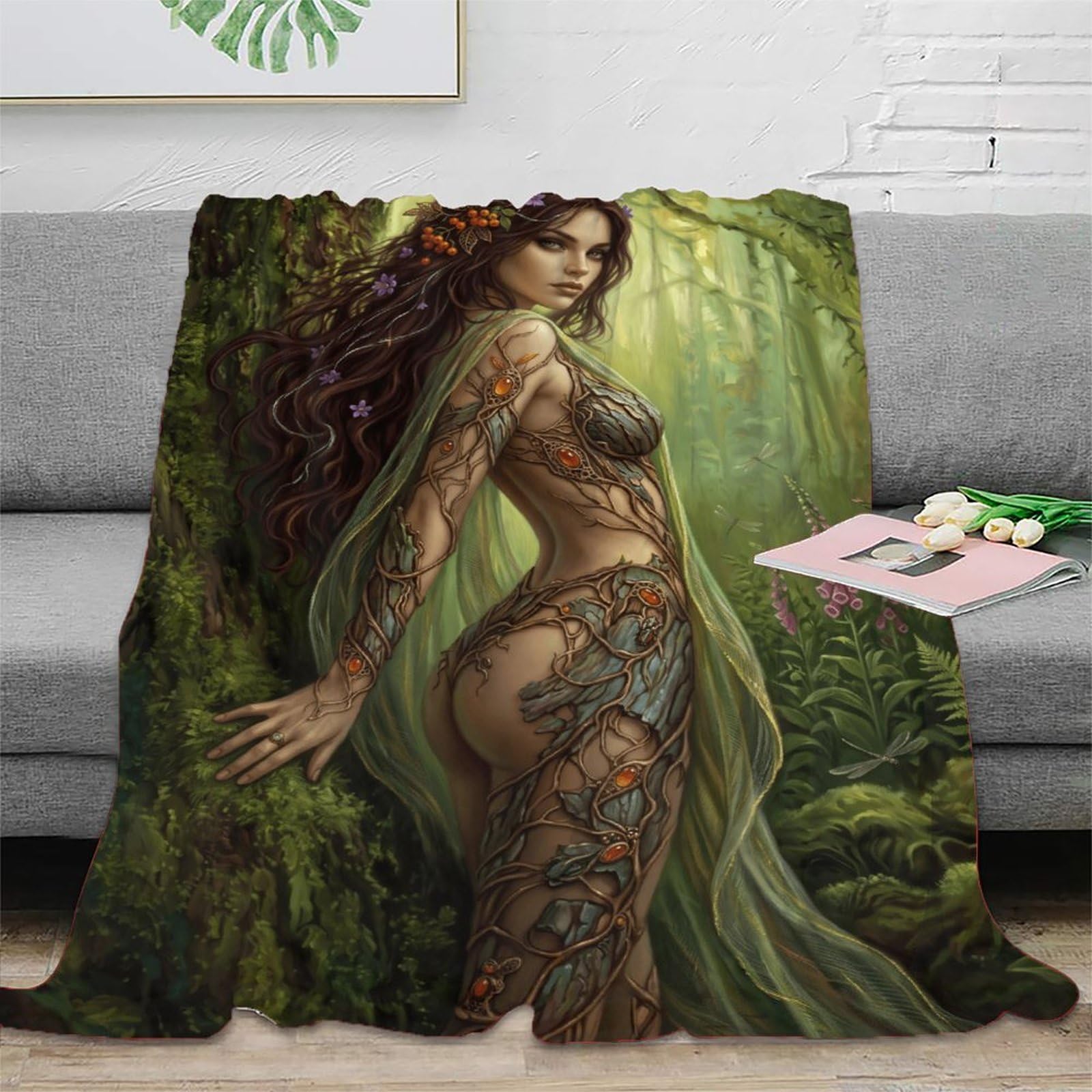 W7C8U2X3 Botanical Forest Goddess Throw Blanket, Flannel, Fantasy Woman Art