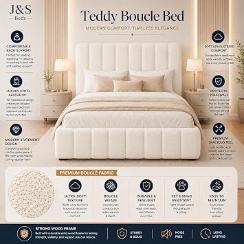 J&S BEDS Teddy Boucle Double Bed Frame with Orthopedic Mattress Included, Upholstered Wooden Bed Frame, Luxury Boucle Bed with Headboard for Bedroom - Cream