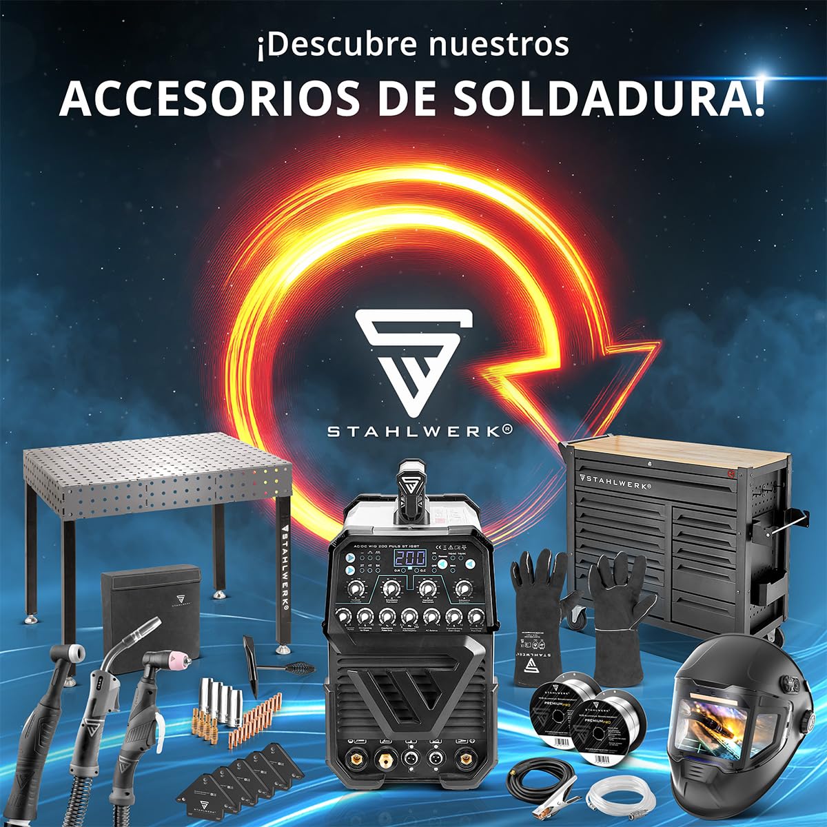 STAHLWERK Soldadora MIG/MAG 200 ST – Máquina de soldar Inverter con 200 A, equipo de gas protector con avance de hilo sinérgico, apto para FLUX (hilo hueco), funcional para Lift-TIG & MMA/Electrodo