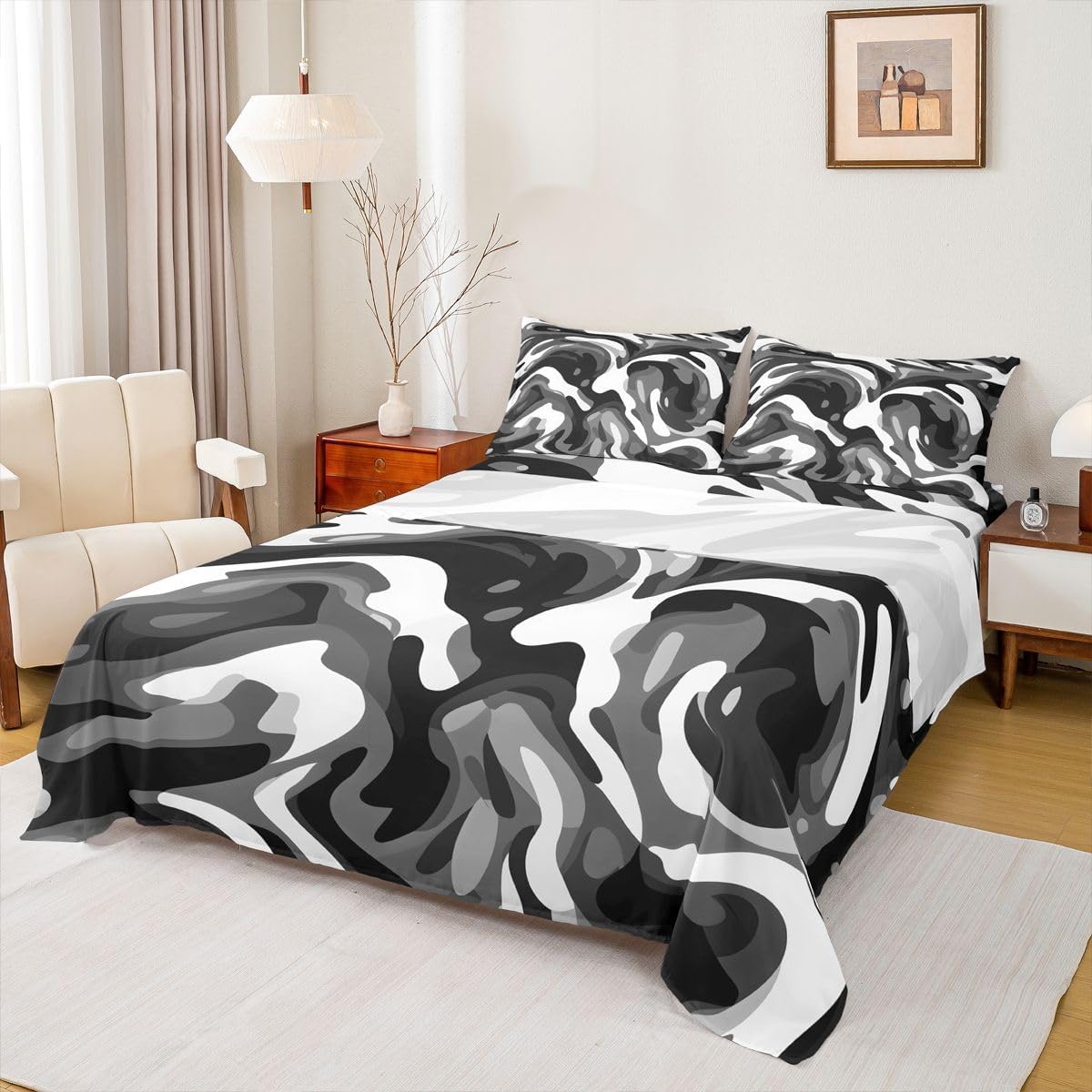Erosebridal Black White Swirl Marble Bed Sheets Set Minimalist Abstract Queen Sheet Set for Toddler Boys,Black Gradient Mid Century Artwork Flat Sheet