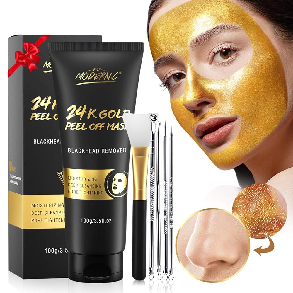 Blackhead Remover Mask, 24K Gold Peel Off Mask, Gold Facial Mask Anti-Aging, Deep Cleansing, Reduces Fine Lines Wrinkles Great for All Skin, With Blackhead Remover Extractor Tools Kit & Brush