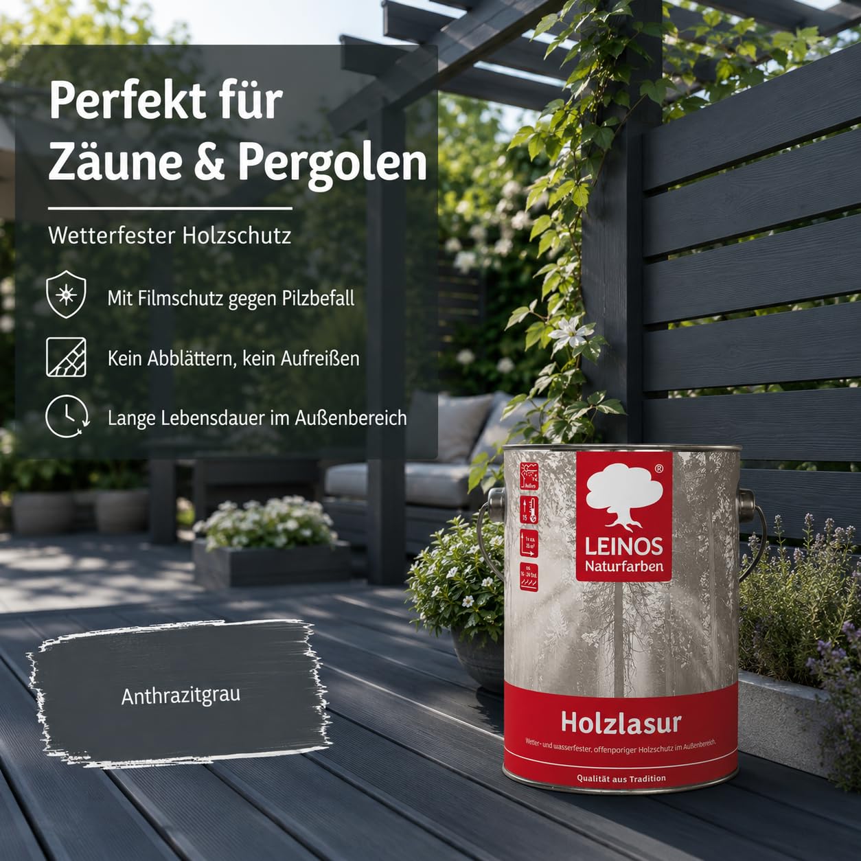 Leinos 260 Barniz para madera para exterior 733 gris antracita 2,5 litros