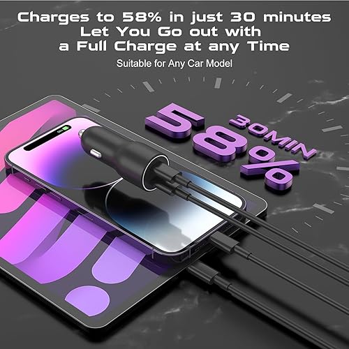 Miniatura 5 de Cargador rápido para iPhone de 3 pies, certificado Apple MFi 45 W doble puerto USB C cargador de automóvil con 2 cables USB C a Lightning de 3 pies