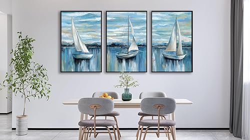 Miniatura 4 de Arte de pared de barco de vela enmarcado grande, decoración de pared de playa tranquila de 24 x 36 pulgadas, juego de 3 impresiones artísticas de