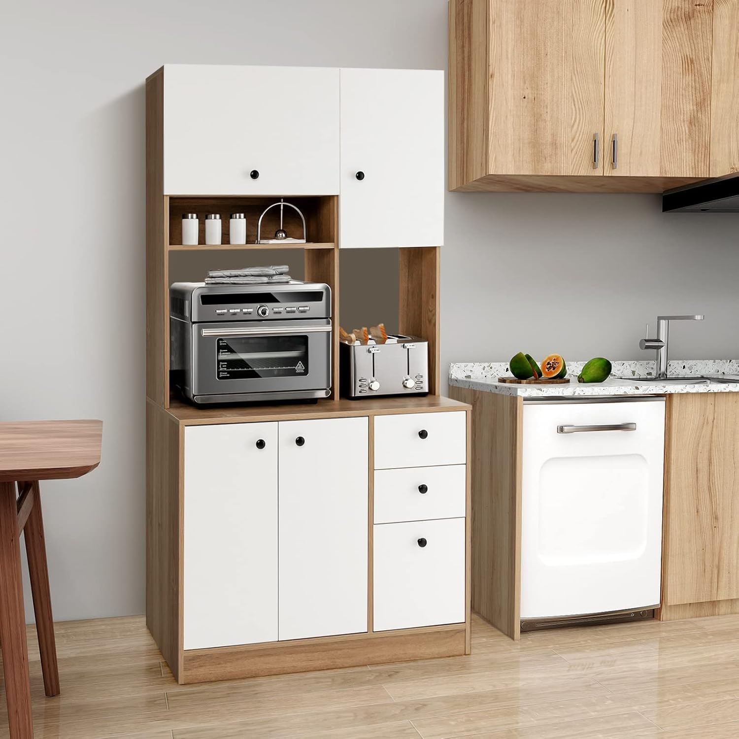 Freestanding Kitchen Buffet with Hutch, Kitchen Pantry Storage Cabinet w/ 2 Adjustable Shelves, 3 Deep Drawers & 4 Doors, Buffet Hutch Cupboard for Living Room, Dining Room, White & Natural (White)