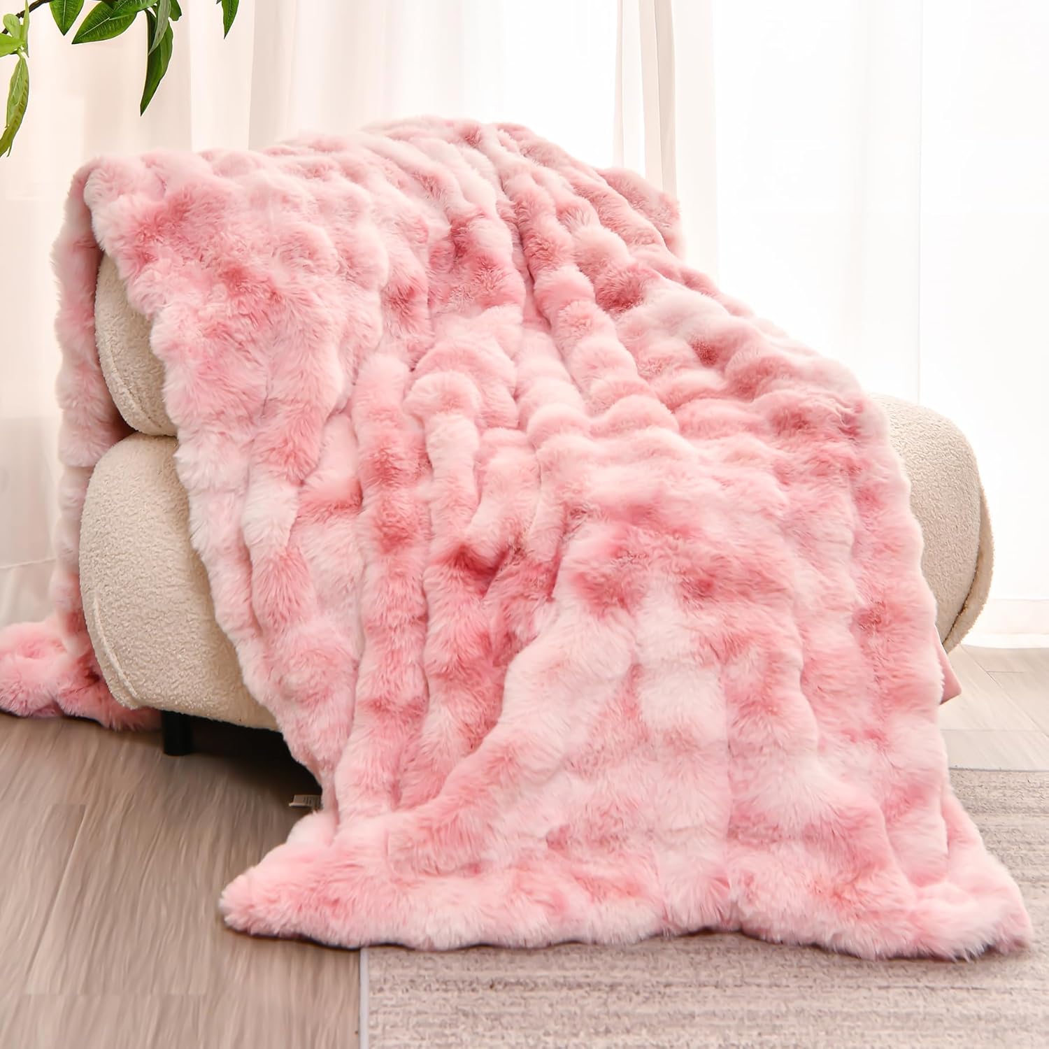 H&D Faux Fur Throw Blanket for Couch,Fluffy Cozy Soft Plush Luxury Thick Fuzzy Fleece Blanket for Couch Bed Sofa Bedroom Living Room,Comfy Bubble Blanket (Grey, Full (70"x80"))