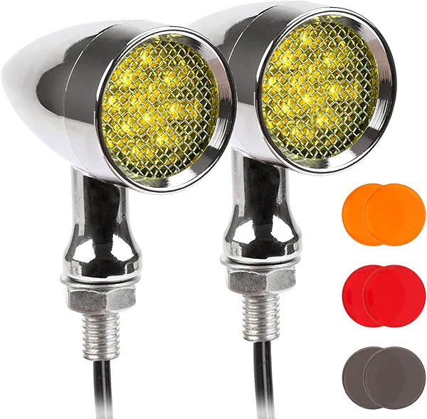 Raceast Motorcycle Turn Signal Led Stop Brake Running Amber Turn Signals Lights Front Tail Light Rear 10mm Retro Bullet Lamps 12V 15LED for Most Motorcycles Universal 2PCS (Chrome Shell Yellow Light)