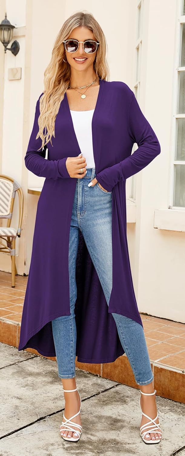 Newchoice Womens Long Cardigan Summer Casual Draped Open Front Lightweight Long Sleeve Cardigan Duster with Pockets - Image 2