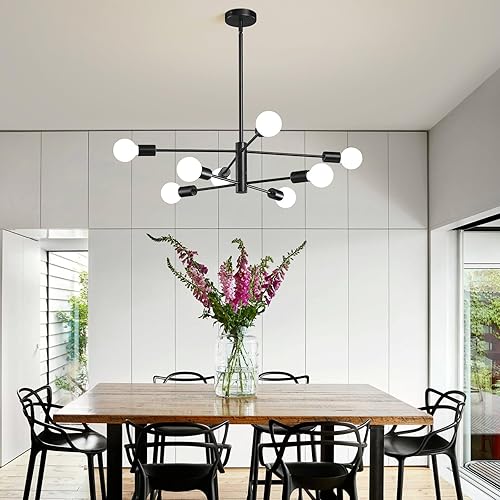 Miniatura 6 de KAISITE Lámpara de techo moderna Sputnik, lámpara de techo negra para dormitorio, sala de estar, 8 luces de altura ajustable, para comedor, granja,