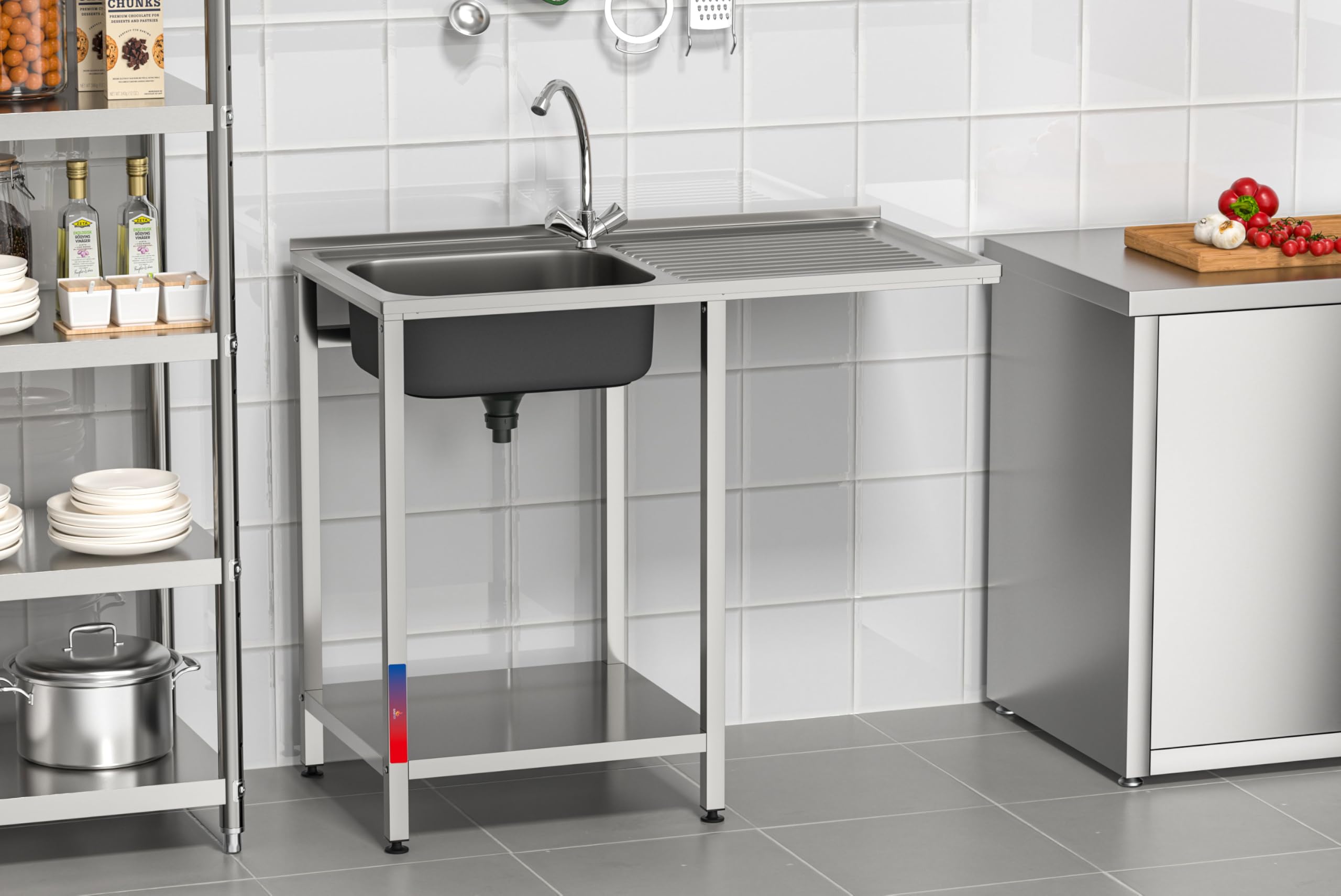 Fregadero Industrial Acero inoxidable con Hueco para Lavavasos, 1 Seno con Escurridor, 1000x500x850 mm, Balda Inferior y Patas Regulables para Hostelería (Izquierda, Sin grifo)