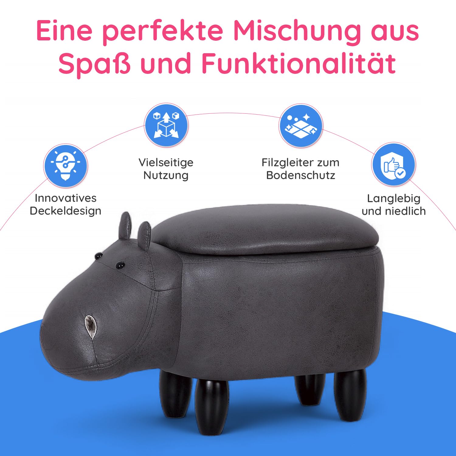 Suleno Nilpferd Tierhocker mit Stauraum, Niedlicher Organizer &, 36 cm | Sitzbox für Kinder, weicher Bezug in Lederoptik, Holzbeine, dekorative Möbel für Kinderzimmer 66 x 36 x