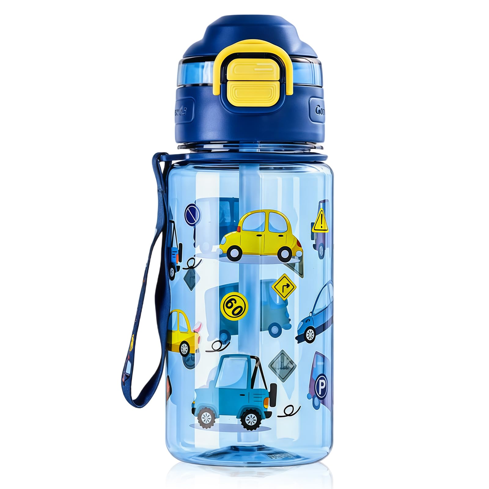 flintronic 550ML Kids Water Bottle with Straw & Carry Handle, Leakproof BPA Free Flip Nozzle Cartoon Sports Bottle, Portable Children's Drinks Bottle for School Picnic, Gift for Girls Boys (Blue)
