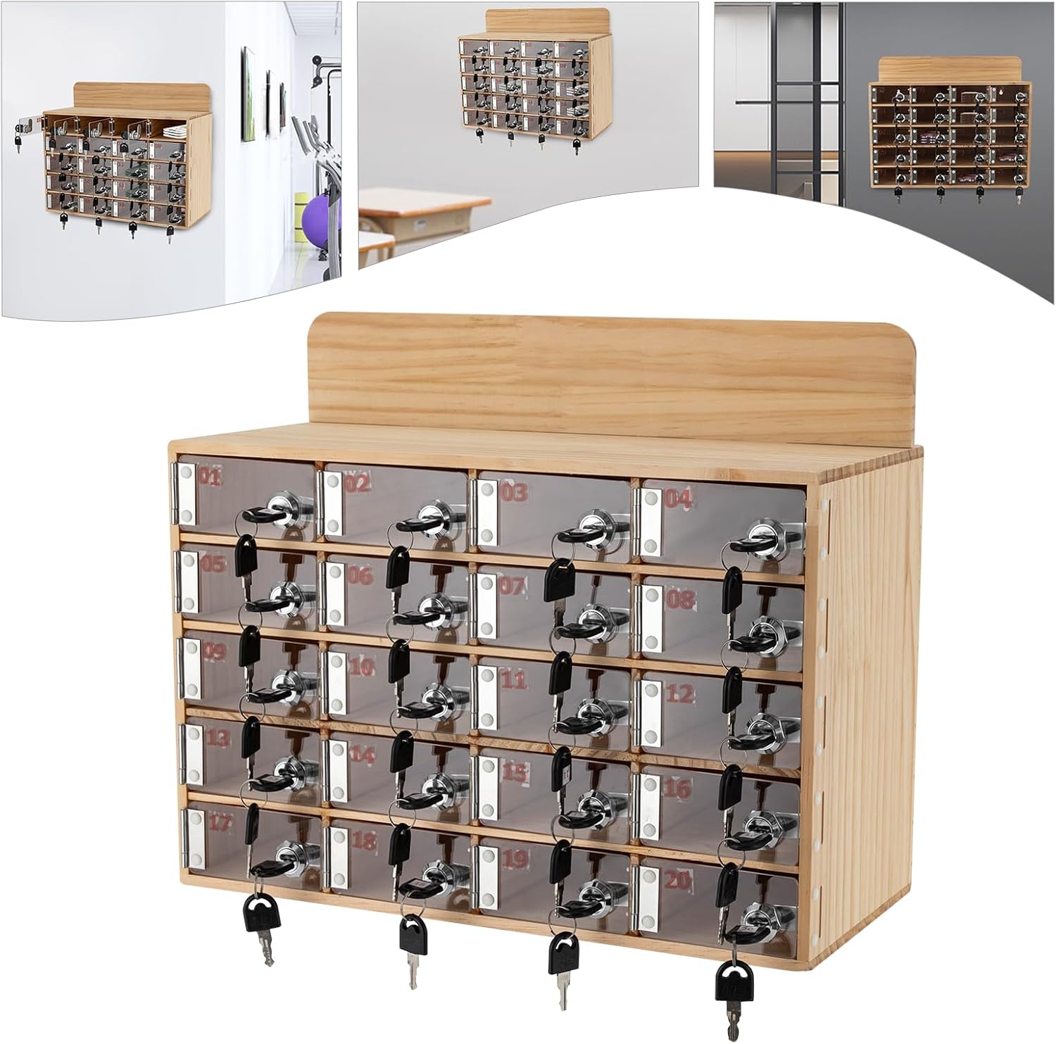 20 Slots Cell Phone Locker Box, Wood & Acrylic Cell Phone Storage Locker Wall-Mounted Cell Phone Locker Box with 20 Keys and Lockers for Schools Office Gym