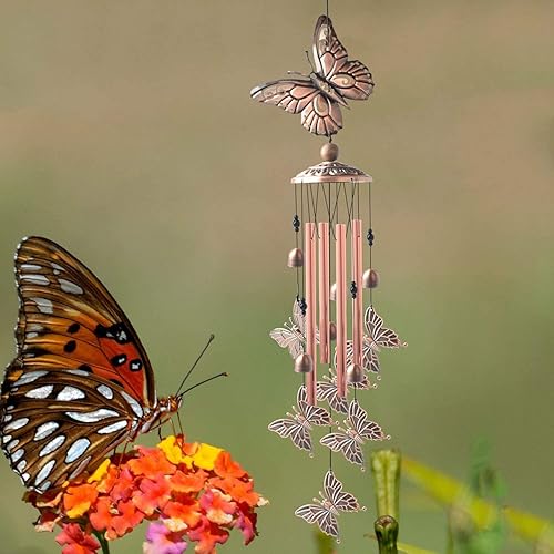 Miniatura 7 de Campana de viento de mariposa para exterior, 34 pulgadas de longitud, campanilla de viento de mariposa conmemorativa con 4 tubos grandes de aluminio