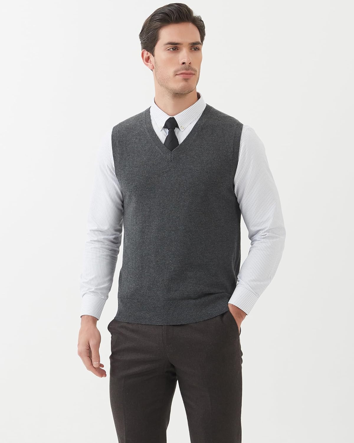 Kallspin Men's Wool Blended Vest Sweater Relaxed Fit V Neck Sleeveless Knitted Pullover - Image 7