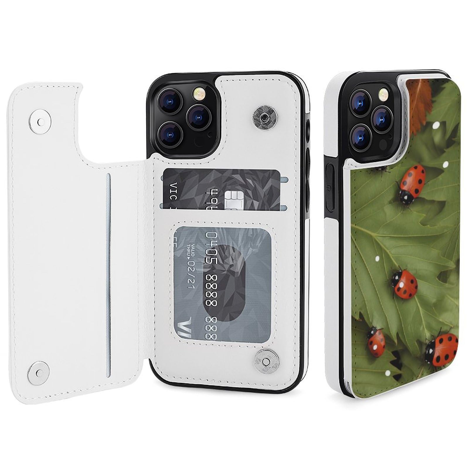 Fundas tipo cartera para iPhone 12 Pro, estampado de hojas y mariquitas, funda de piel con ranuras para tarjetas