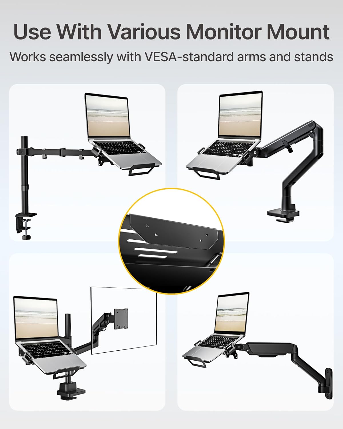 monTEK Adjustable Laptop Tray for Monitor Arm & Stand, Universal VESA Mount Laptop Holder 12″–18″, Fits Thick Gaming Laptops, Heavy-Duty Steel up to 19.8lbs, VESA 75x75/100x100 Office/Studio/Gaming
