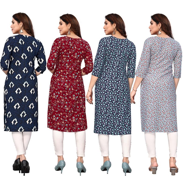 Image of JAKHANA Women's Crepe Printed Casual Straight Calf Length Round Nick Kurta Pack of 4
