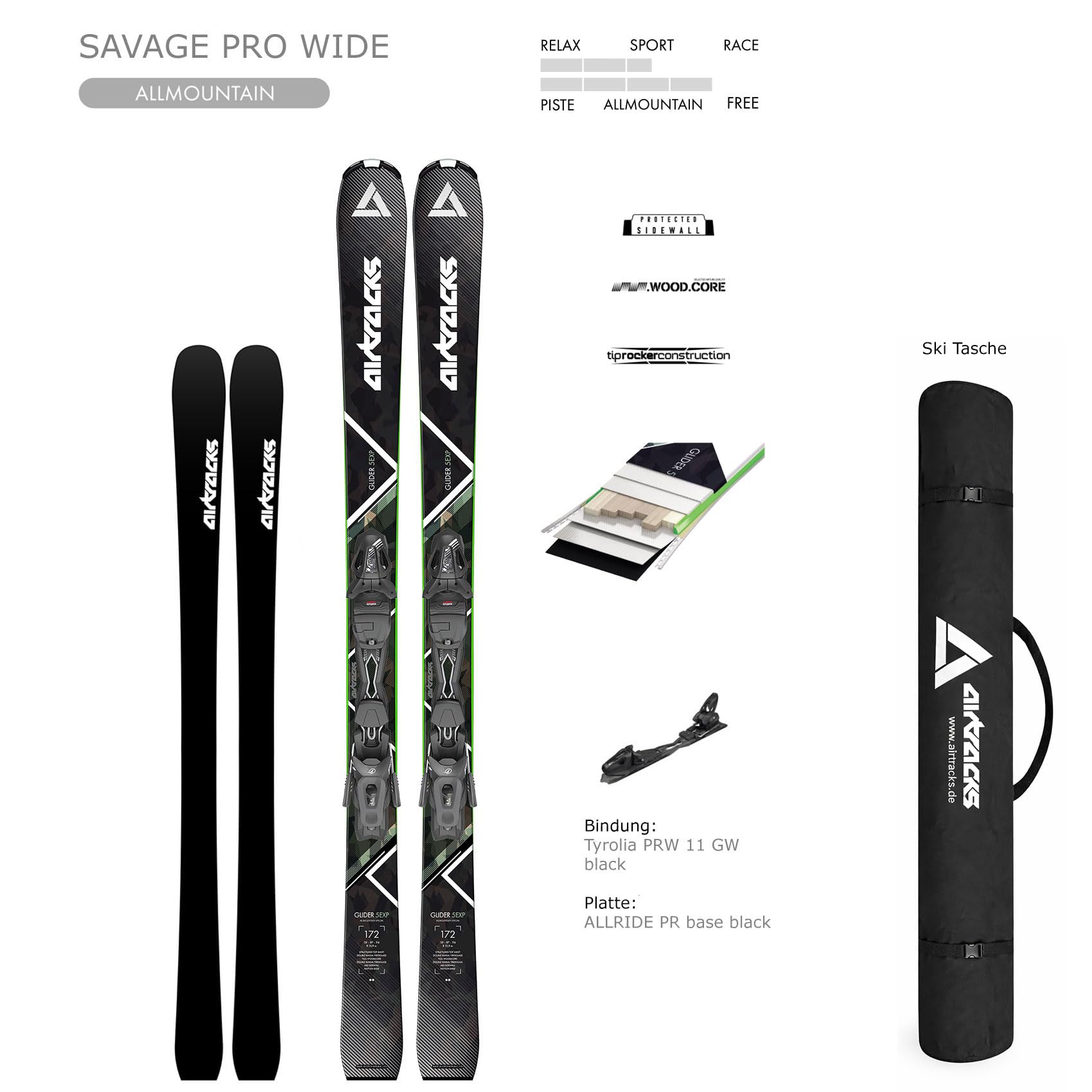 Airtracks Savage Pro Wide Allmountain Ski mit Bindung Tyrolia PR 11 GW - Längen 172cm, 182cm - Modell 2025