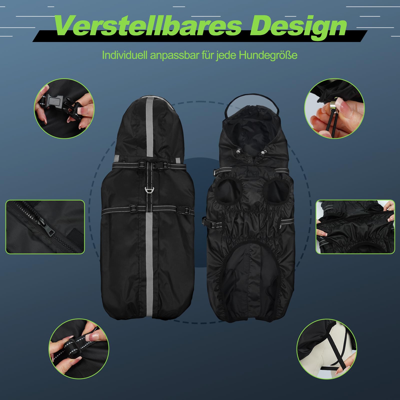 Hunderegenmantel wasserdicht, Regenjacke mit reflektierenden Streifen, H-Brustgeschirr (D-Ring) & Abnehmbarer Kapuze mit Visier, Ideal für mittelgroße/große Hunde [Schwarz, Größe M]