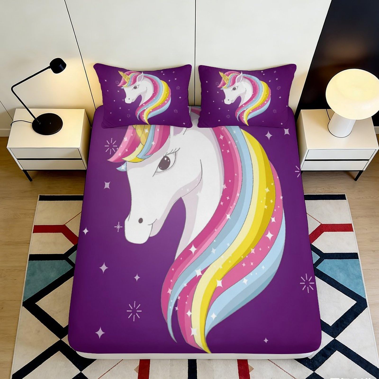 3D Printed Purple Unicorn Fitted Sheet Microfiber Soft Bedroom Decor Rainbow Horse Mattress Cover for Home Guest Room 90x200x25cm