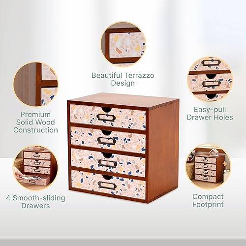 Miniatura 4 de Organizador de escritorio de madera con patrón de terrazo, almacenamiento de escritorio de 4 cajones, gabinete de madera moderno y rústico para