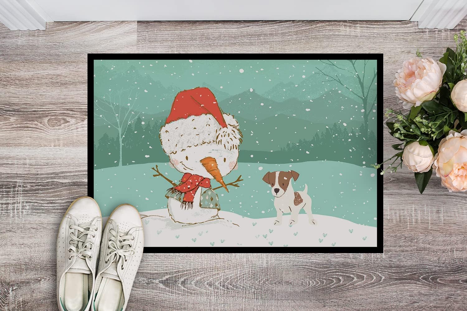 Caroline's Treasures CK2091MAT Jack Russell Terrier #2 Snowman Christmas Doormat 18x27 Front Door Mat Indoor Outdoor Rugs for Entryway, Non Slip Washable Low Pile, 18H X 27W