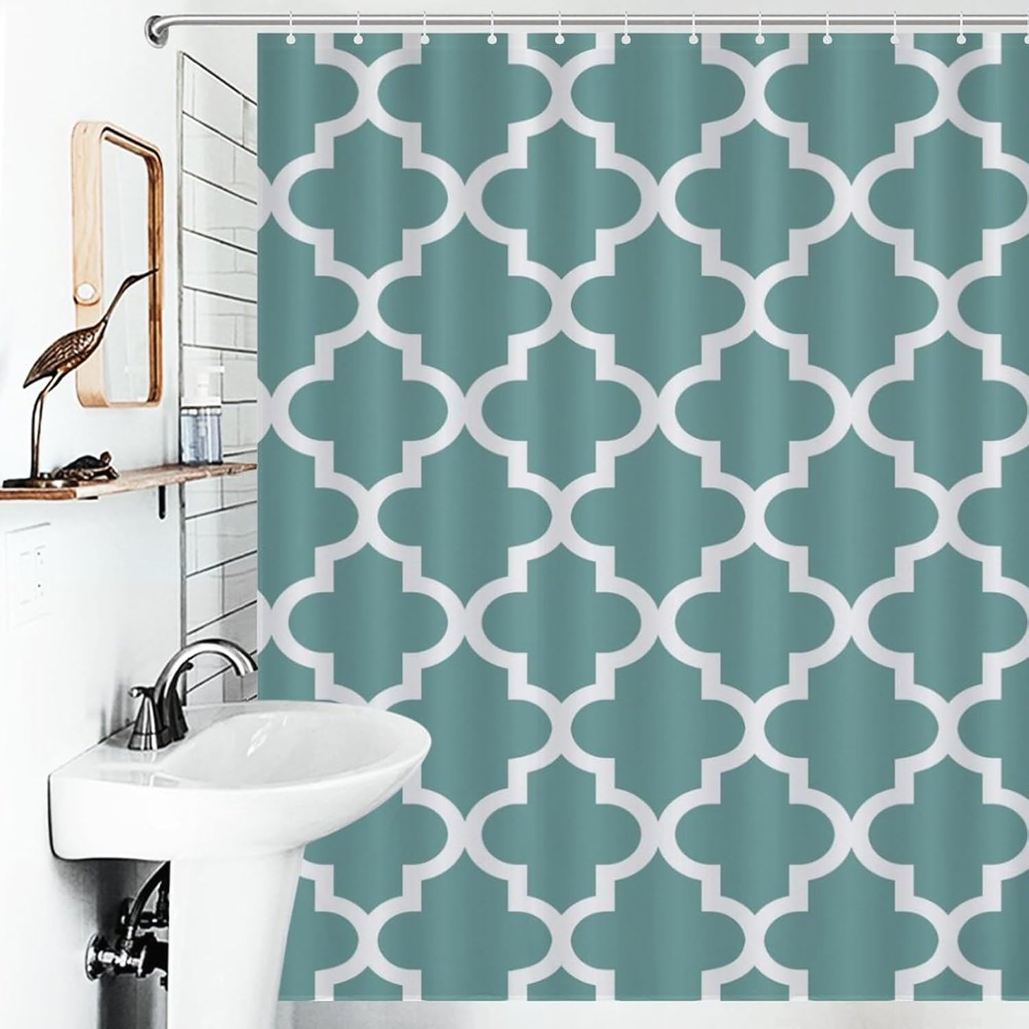 Shower Curtain Liner Set, Modern Dusty Blue and White Quatrefoil Pattern Waterproof Washable Bathroom Curtains with 12 Hooks, 60 x 72inch