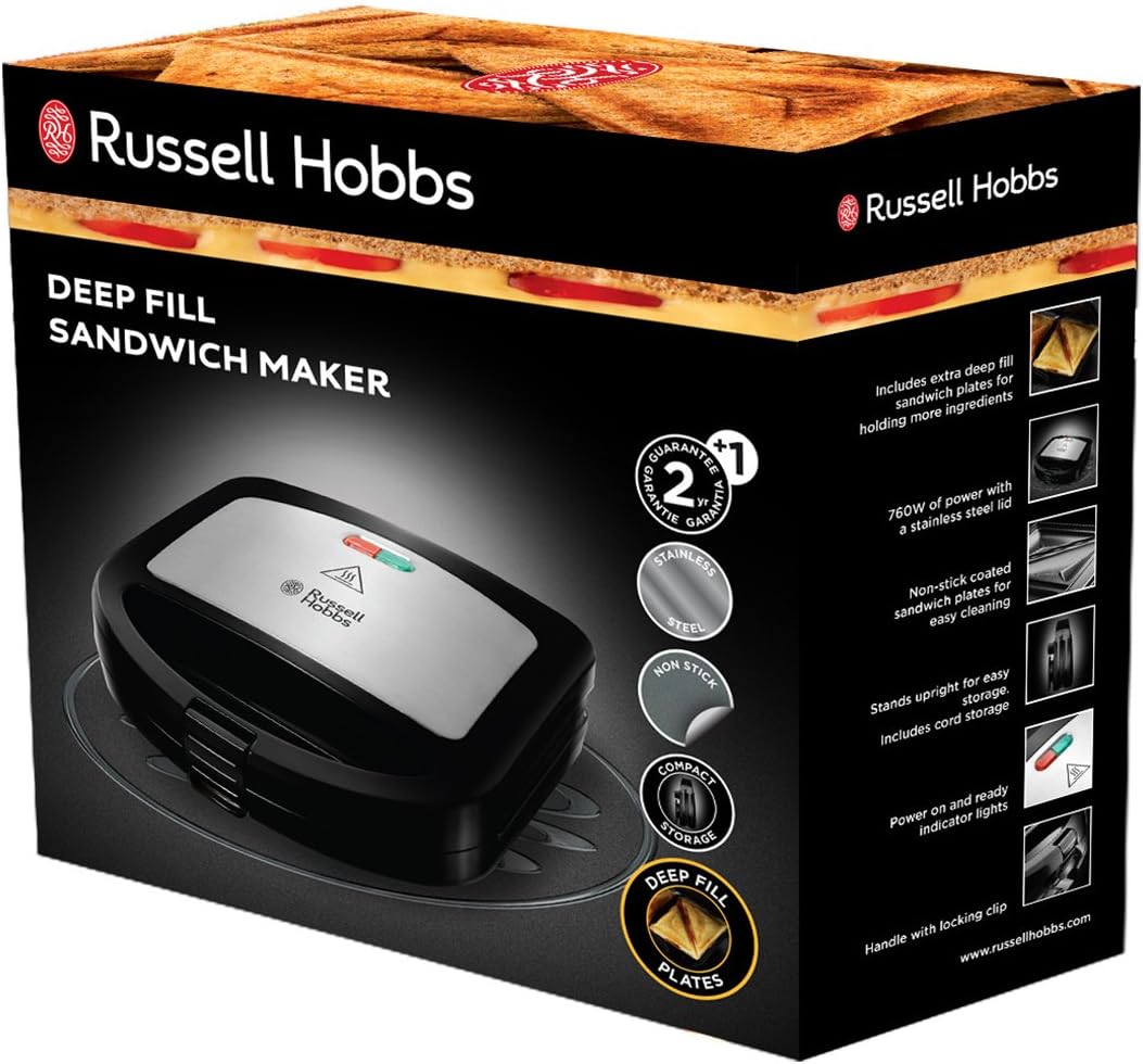 Russell Hobbs Griglia elettrica, Tostapane allitaliana, Toast farciti, Scaldapanini, 760 W, Deep Fill Sandwich Maker, 24530-56