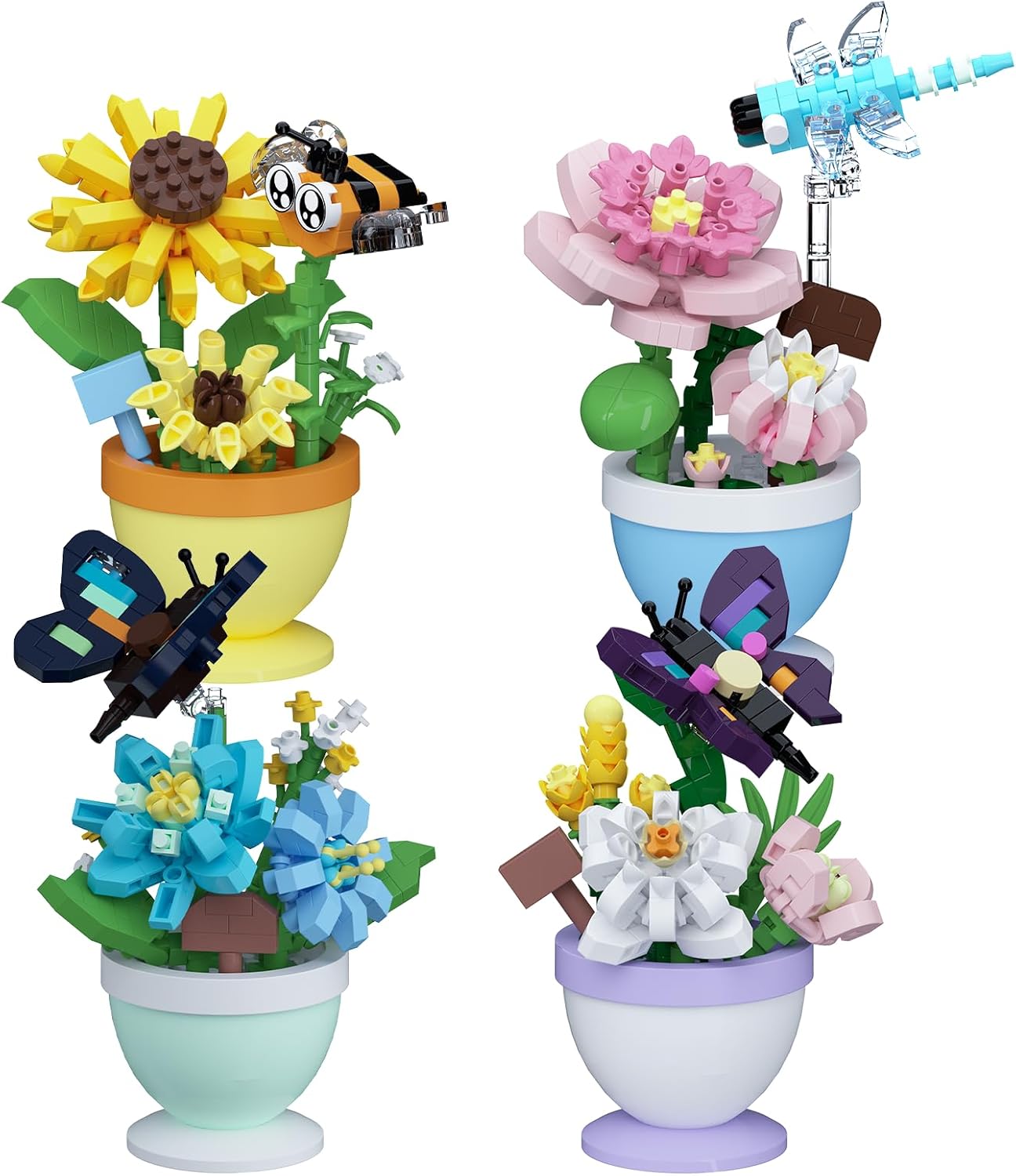 Set of 4 Mini Flower Bonsai with Cute Insects - DIY Potted Plant Building Blocks for Kids and Adults, Botanical Collection Decor Toy