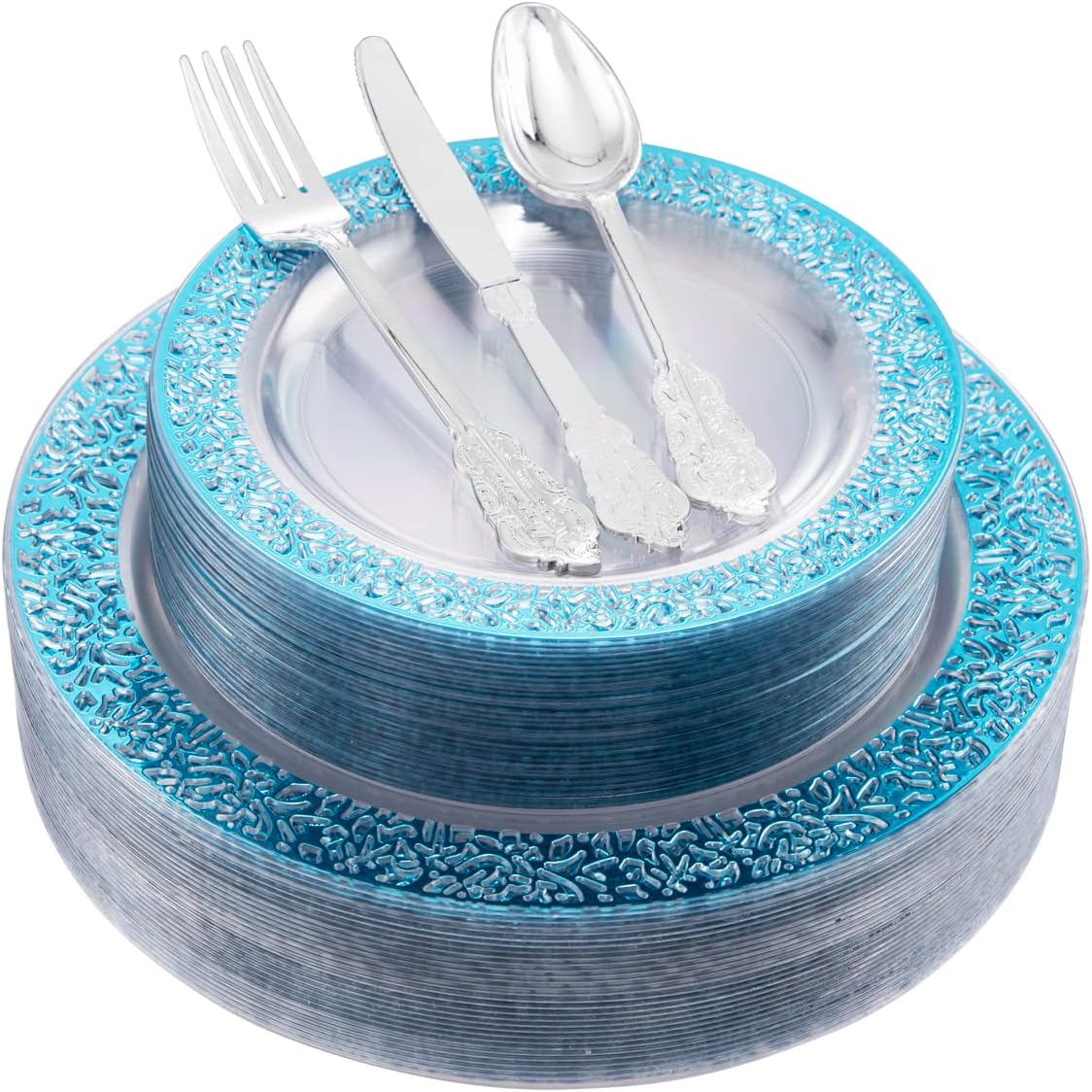 LUODA30 Guests Blue Plastic Plates with Disposable Silverware, Clear Blue Party & Wedding Dinnerware Include 30 Dinner Plates, 30 Dessert Plates, 30 Silver Cutlery for Weddings