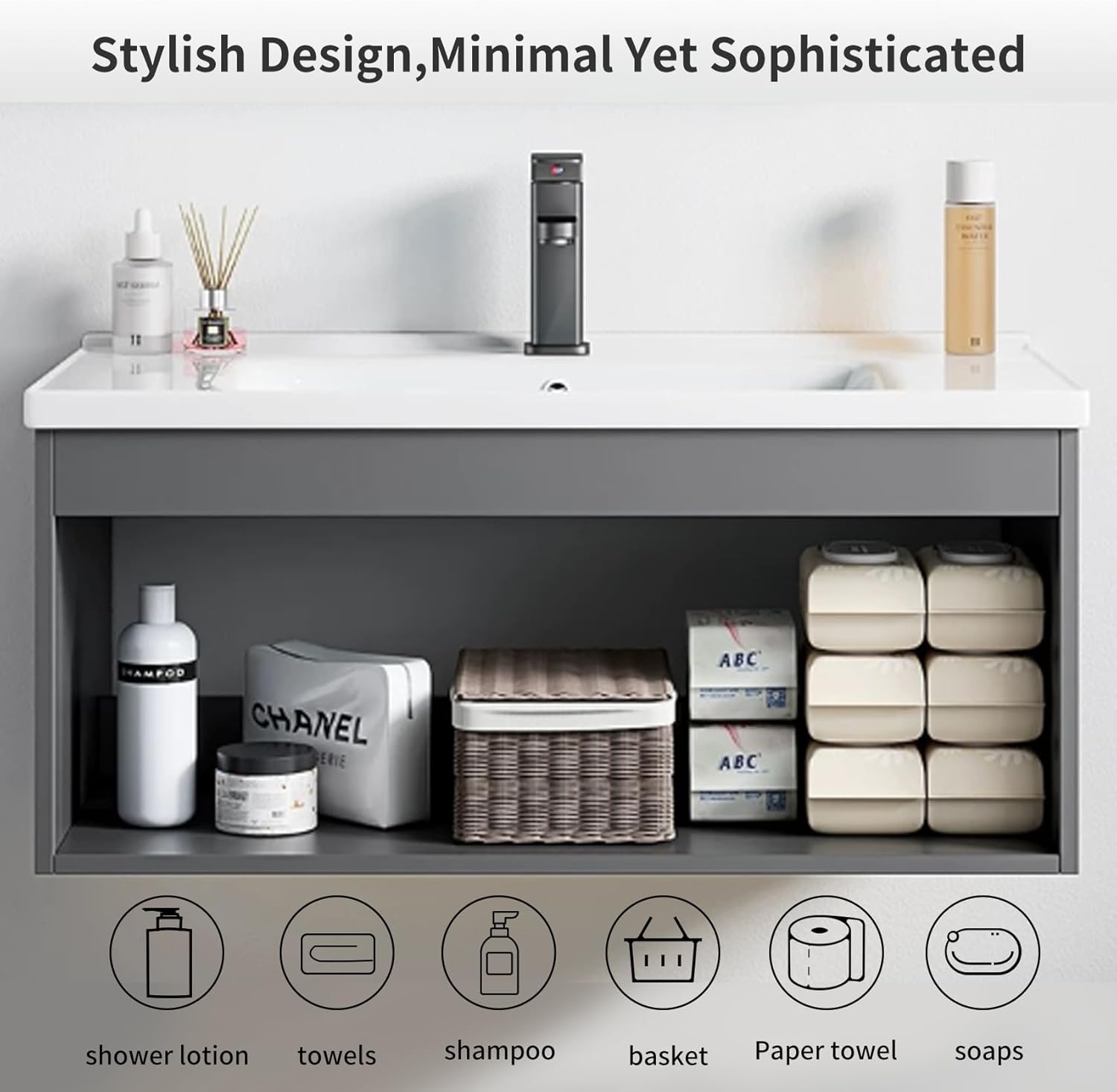 18-inch Wall-Mounted Floating Gray Open Bathroom Vanity with Ceramic Basin Compact Mini Sink Unit