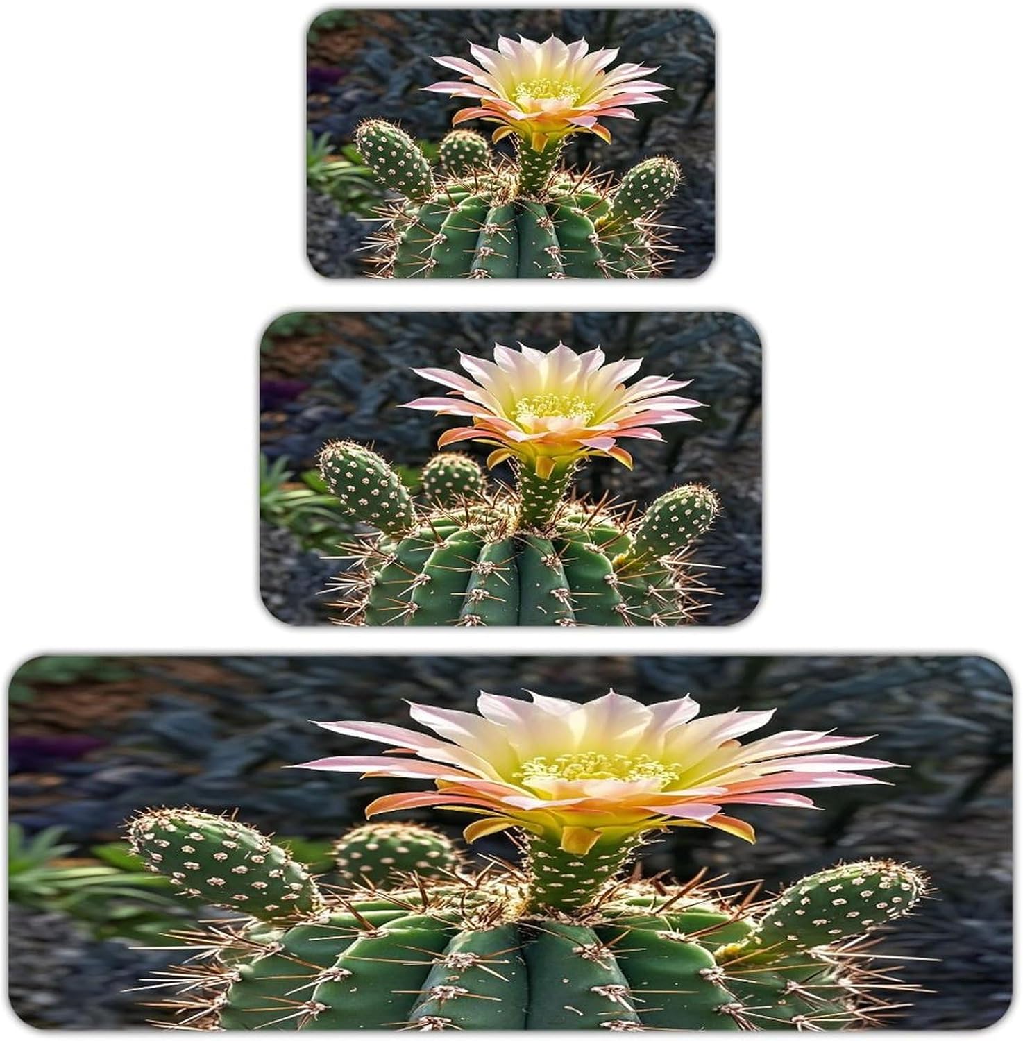 Cactus Flower Kitchen Mats for Floor 3PCS Waterproof Low-Profile Kitchen Rugs Floor Mat Non Slip Anti Fatigue Mats Comfort Standing Mat Runner Rug Area Rug 6"x24"+20"x31"+17"x47"